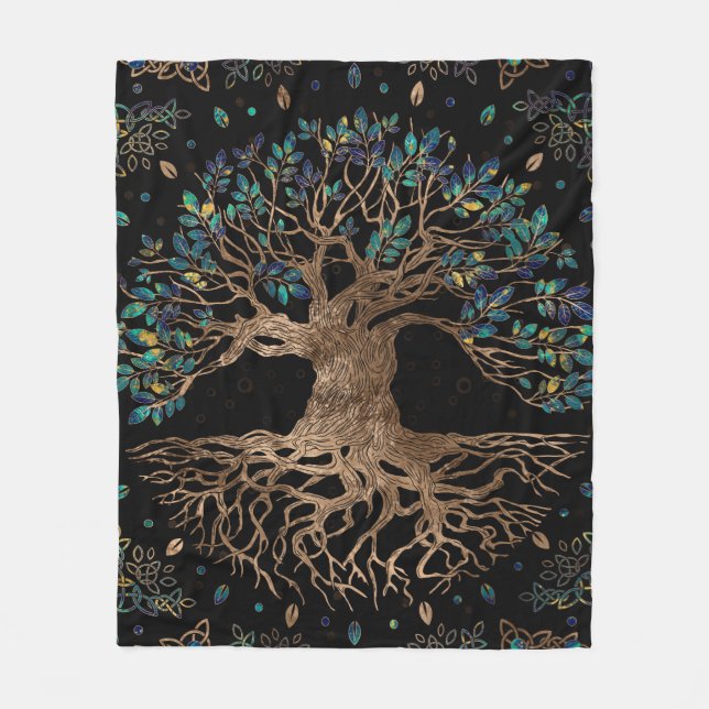 Tree of life -Yggdrasil Golden and Marble ornament Fleece Blanket (Front)