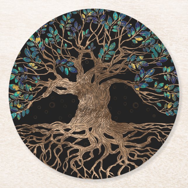 Tree of life -Yggdrasil Golden and Marble ornament Round Paper Coaster (Front)