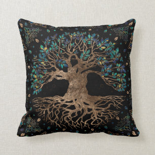 Tree of life -Yggdrasil Golden and Marble ornament Throw Pillow