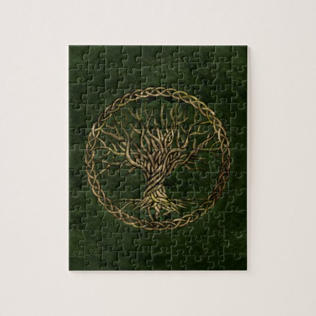 Tree of life -Yggdrasil -green and gold Jigsaw Puzzle (Vertical)