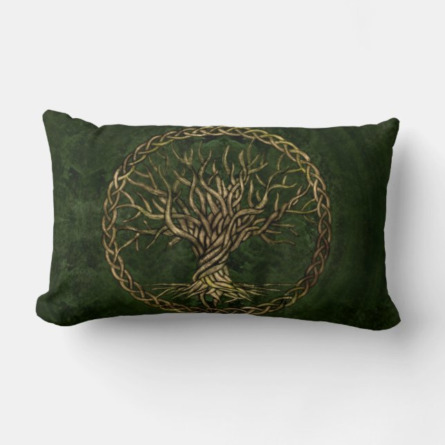 Tree of life -Yggdrasil -green and gold Lumbar Pillow (Front)