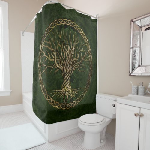Tree of life _Yggdrasil _green and gold Shower Curtain