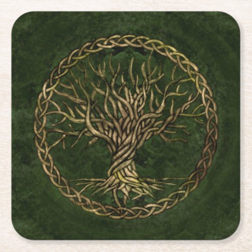 Tree of life _Yggdrasil _green and gold Square Paper Coaster