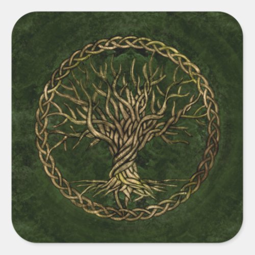 Tree of life _Yggdrasil _green and gold Square Sticker