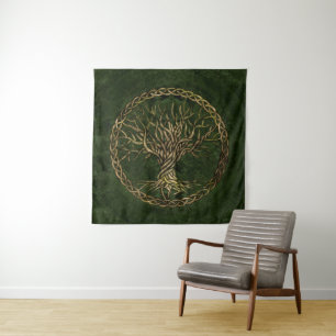 Tree of life -Yggdrasil -green and gold Tapestry