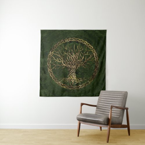 Tree of life _Yggdrasil _green and gold Tapestry