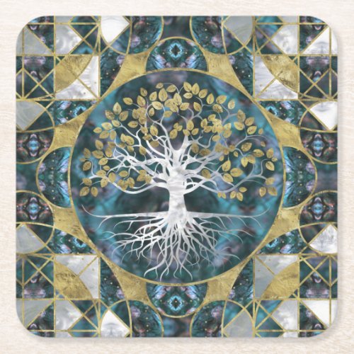 Tree of life _ Yggdrasil _ Marble and Gold Square Paper Coaster