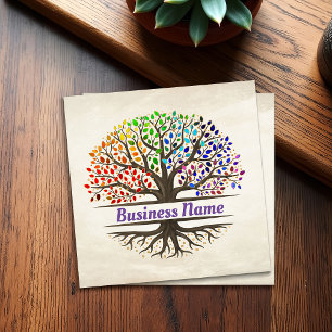 Tree of life - Yggdrasil - Rainbow leaves Square Business Card
