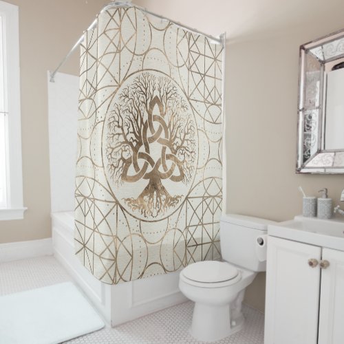 Tree of life _Yggdrasil with Triquetra Pastel gold Shower Curtain