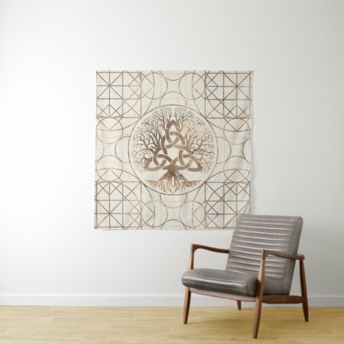 Tree of life _Yggdrasil with Triquetra Pastel gold Tapestry