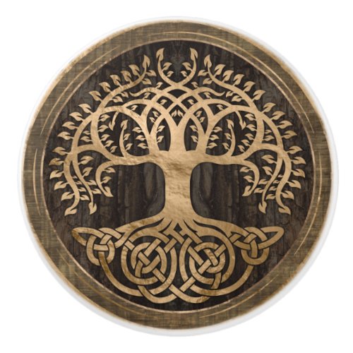 Tree of life _Yggdrasil _ Wood Bark and Gold Ceramic Knob