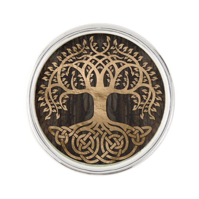 Tree of life -Yggdrasil - Wood Bark and Gold Lapel Pin (Front)