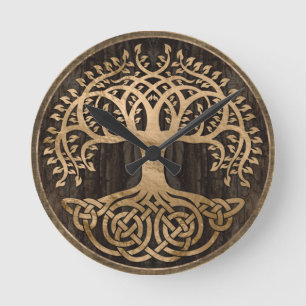 Tree of life -Yggdrasil - Wood Bark and Gold Round Clock