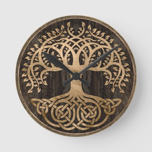 Tree of life _Yggdrasil _ Wood Bark and Gold Round Clock