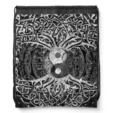 Tree of Life Yin Yang in Black and White Drawstring Bag