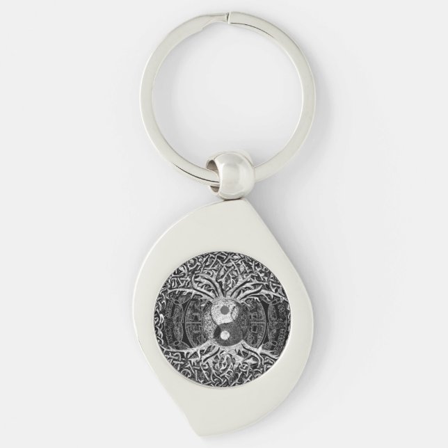 Tree of Life Yin Yang in Black and White Keychain (Front)