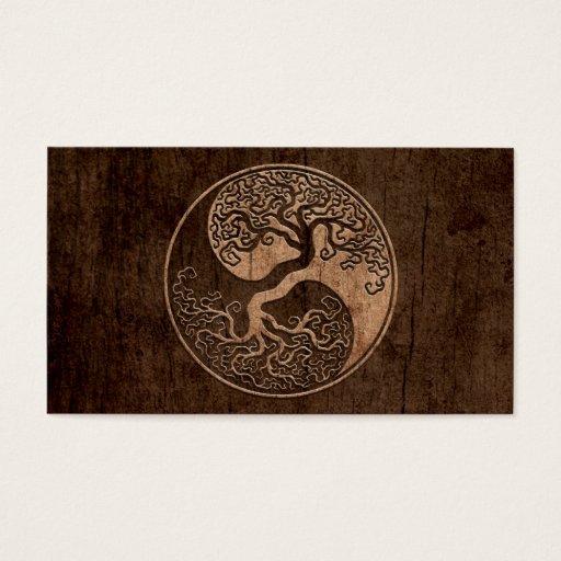 Customizable Tree of Life Yin Yang with Wood Grain Effect Business Cards