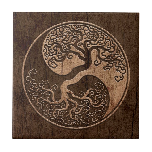 Tree of Life Yin Yang with Wood Grain Effect Ceramic Tile (Front)