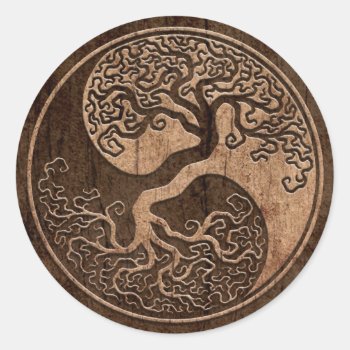 Tree Of Life Yin Yang With Wood Grain Effect Classic Round Sticker by UniqueYinYangs at Zazzle