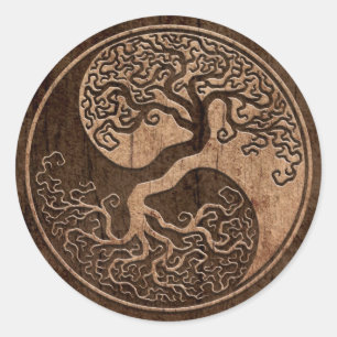Tree of Life Yin Yang with Wood Grain Effect Classic Round Sticker