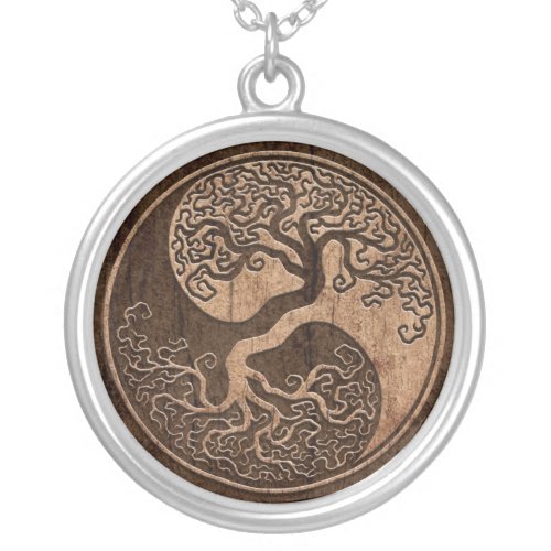 Tree of Life Yin Yang with Wood Grain Effect Silver Plated Necklace