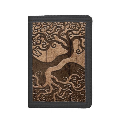 Tree of Life Yin Yang with Wood Grain Effect Tri_fold Wallet