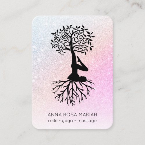   Tree of Life Yoga Zen QR Pastel Glitter Business Card