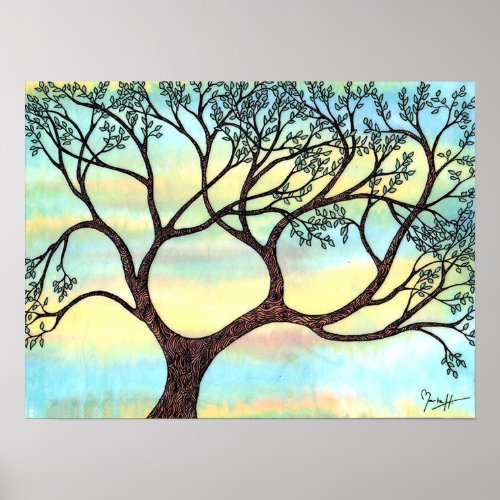 Tree on Vellum with Watercolor Background Poster