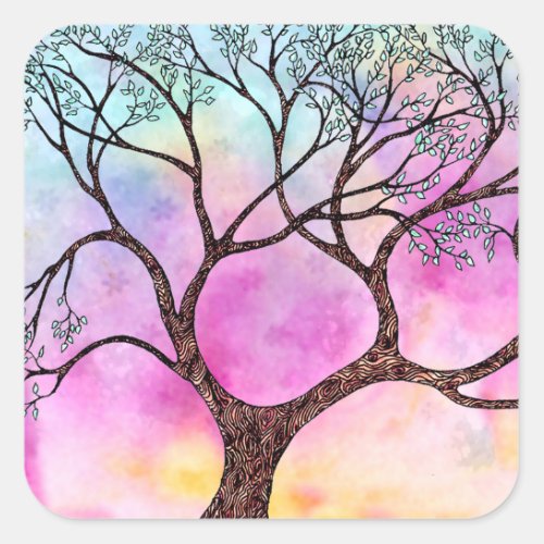 Tree on Vellum with Watercolor Background Square Sticker