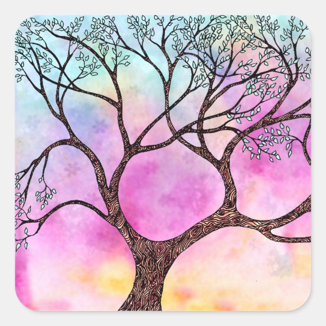 Tree on Vellum with Watercolor Background Square Sticker (Front)