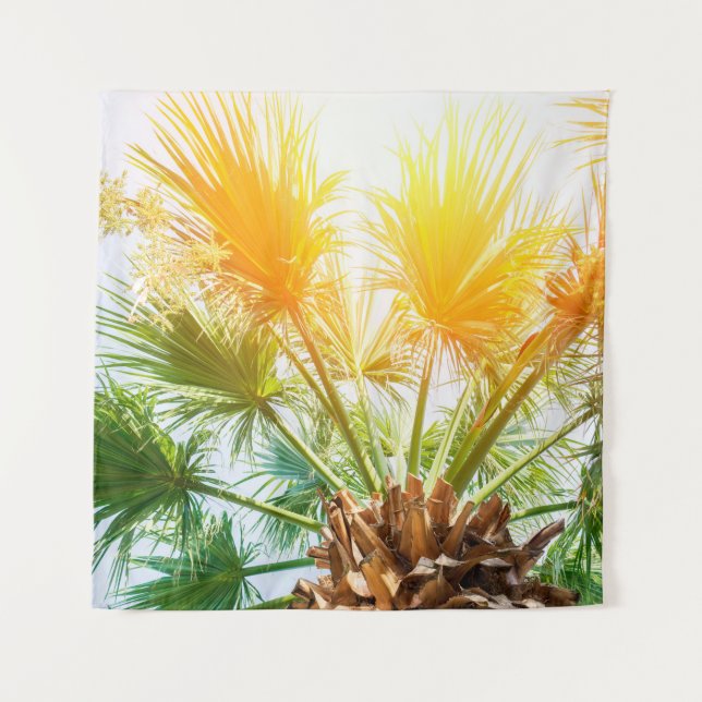 Tree palm bright sun summer background. tropical p tapestry (Front)