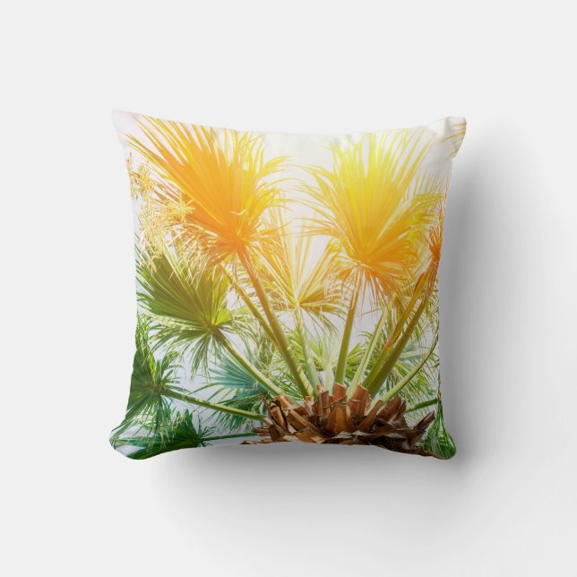 Tree palm bright sun summer background. tropical p throw pillow (Front)