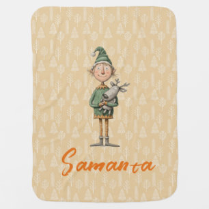 Tree pattern christmas elf reideer beige name baby blanket