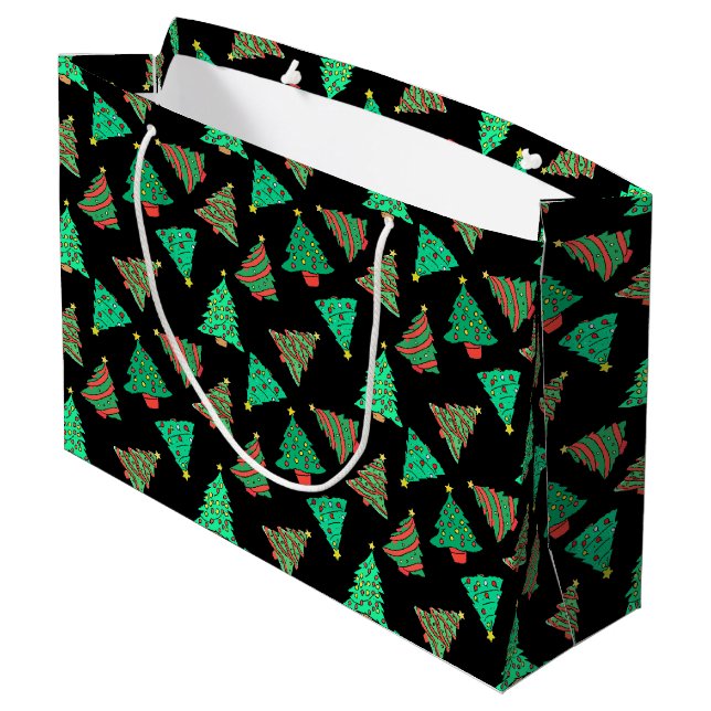 Tree Pattern Christmas Holiday Black Large Gift Bag (Back Angled)