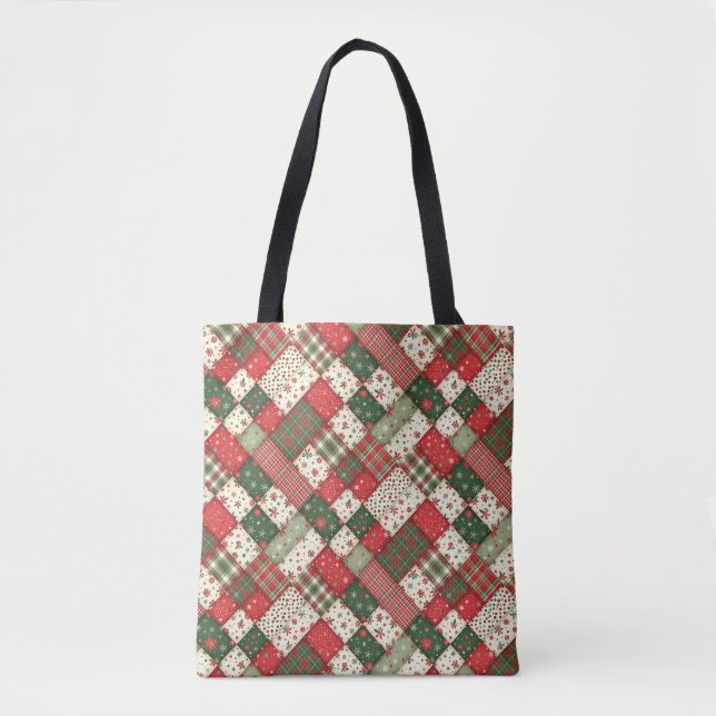 Tree pattern christmas  patchwork green red tote bag (Front)