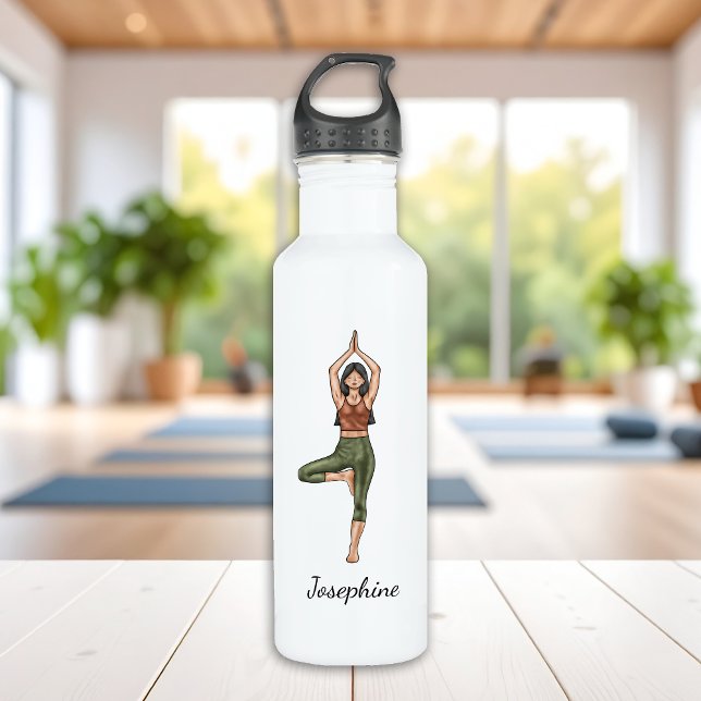 Tree Pose Yoga Vrikshasana Woman With Custom Name Stainless Steel Water Bottle (Creator Uploaded)