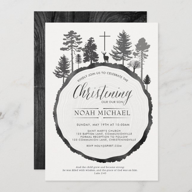 Tree Ring with Deer Christening Invitation (Front/Back)