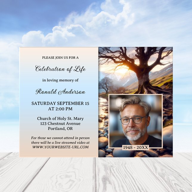 Tree River of Life Poem Photo Celebration of Life Invitation (A memorial or celebration of life service invitation featuring a tree and river with a custom poem)