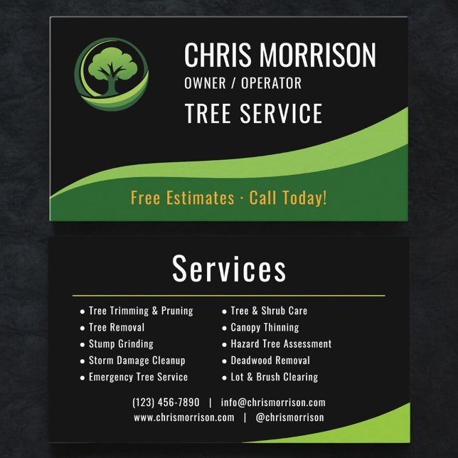 Tree Service Arborist Black Green  Business Card (Creator Uploaded)
