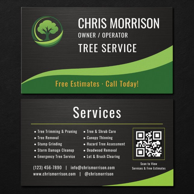 Tree Service Arborist QR Code Metallic Business Card (Creator Uploaded)