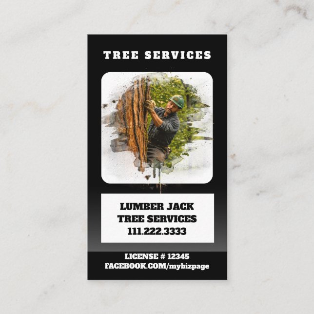 *~* Tree Services Lumber Jack Man QR Tree Trunk Business Card (Front)