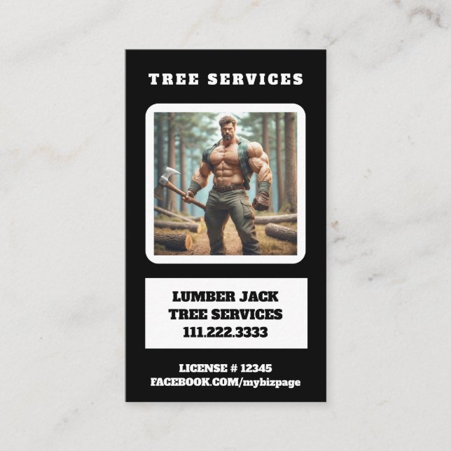 *~* Tree Services Muscular Lumber Jack Tree QR  Business Card (Front)