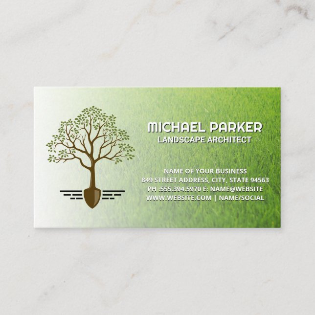 Tree Shovel Logo | Cut Grass | Gardening Business Card (Front)