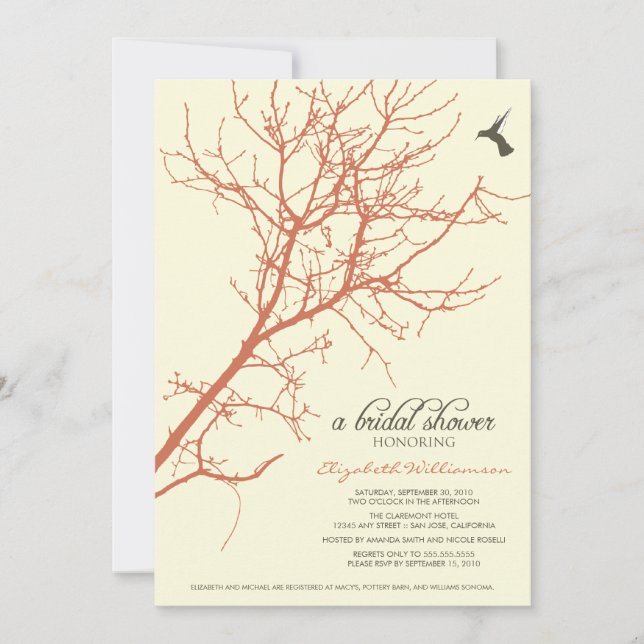 Tree Silhouette Bridal Shower Invitation (coral) (Front)