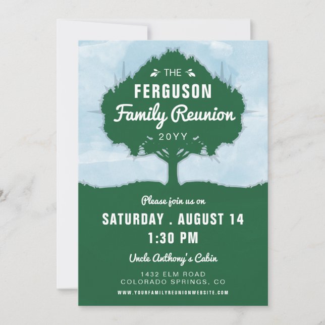 Tree Silhouette Green Blue Family Reunion Invitation (Front)