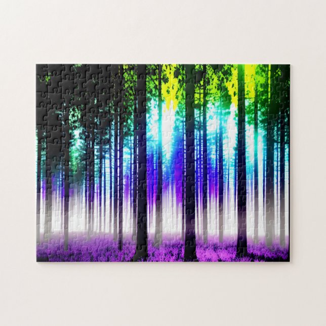Tree Silhouette Lush Forest Purple Flowers Jigsaw Puzzle (Horizontal)