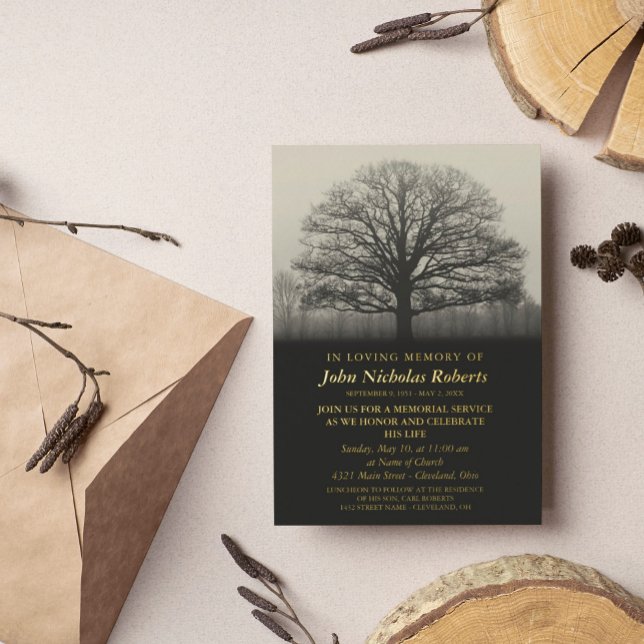 Tree Silhouette Memorial Service Gold Foil Invitation (Creator Uploaded)
