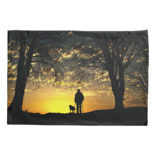 Tree Silhouette of Man and Dog at Sunset Pillow Case