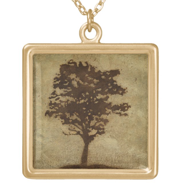Tree Silhouette on Bronze Background Gold Plated Necklace (Front)