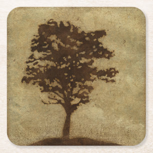 Tree Silhouette on Bronze Background Square Paper Coaster